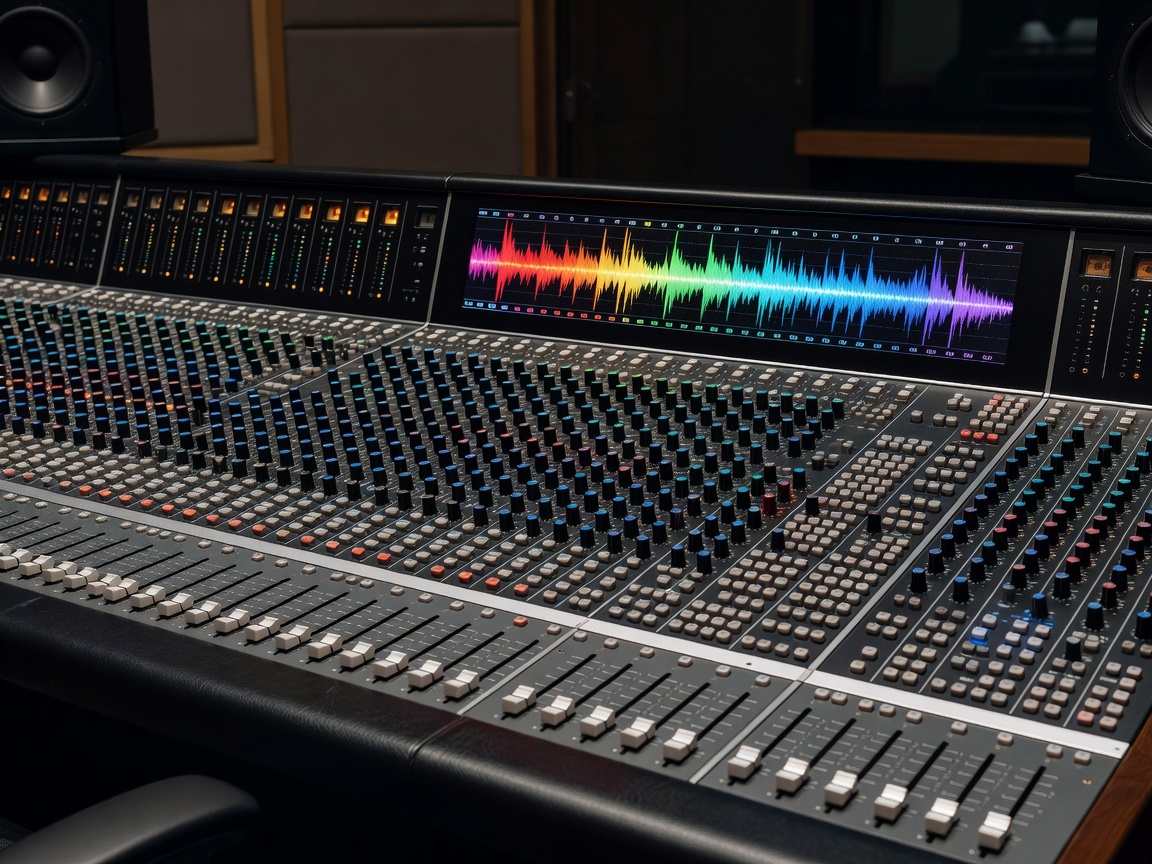 Audio mixing console displaying active RF spectrum visualizer LED indicators