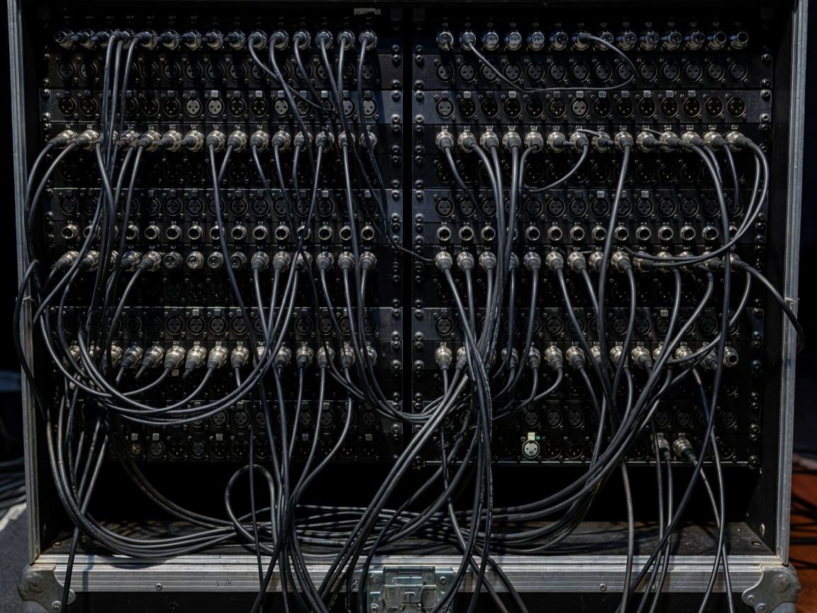 Backstage cabling patch bay with XLR snake line connection cables