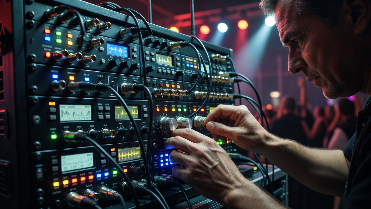 Close-up of professional sound engineer operating wireless receiver rack during concert