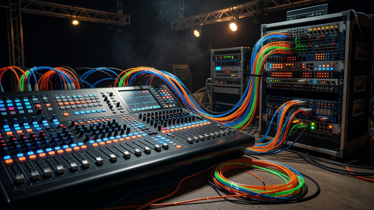 Concert mixing desk audio network fiber optic lines connected to switch rack