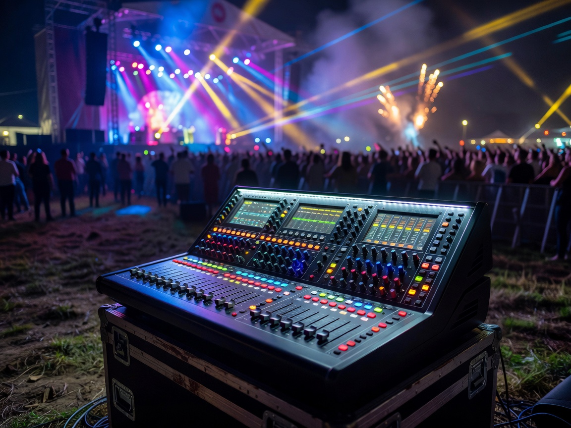 Sound engineer operating concert soundboard illuminated during live outdoor festival