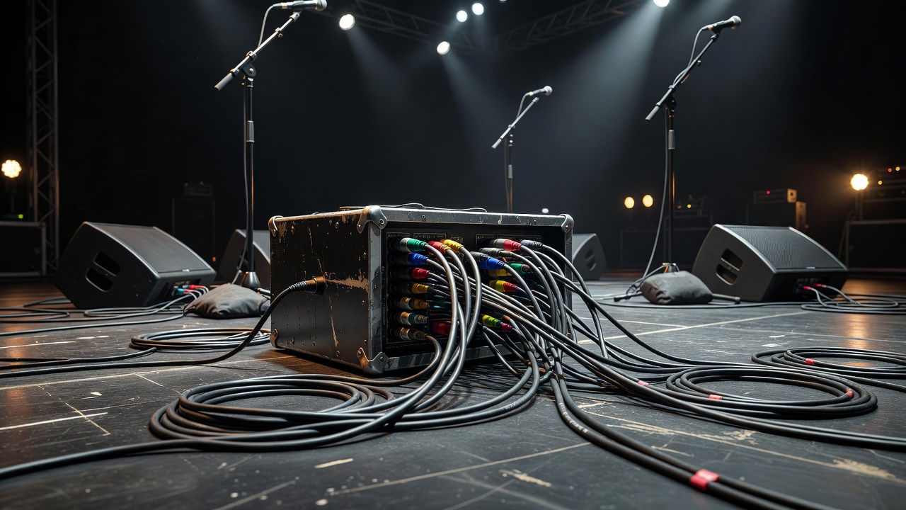 Three phase power distribution cabling and snake box on stage deck
