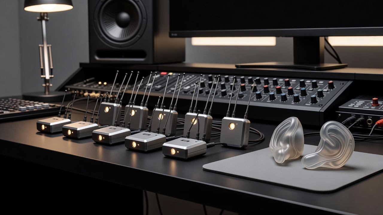 Monitor engineering desk with wireless IEM transmitters and drop patch sheets