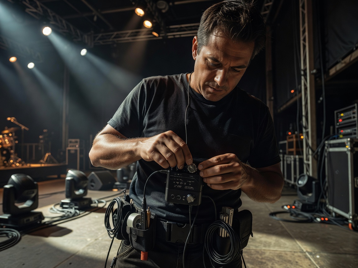 Monitor sound engineer adjusting IEM receiver pack dial on stage side
